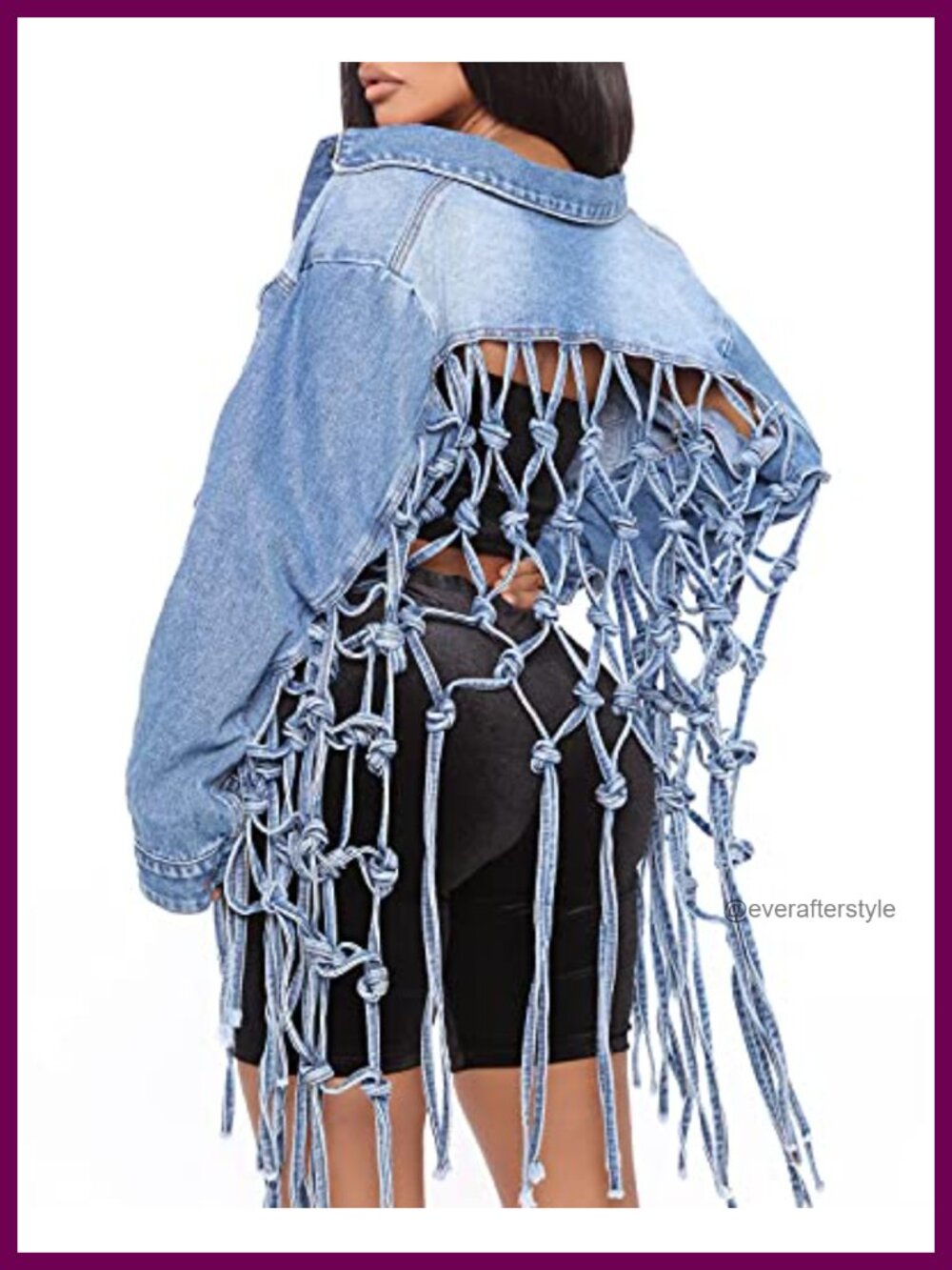 Womens Distressed Fringe Denim Jacket Cropped Button Down Ripped Knotted Puff